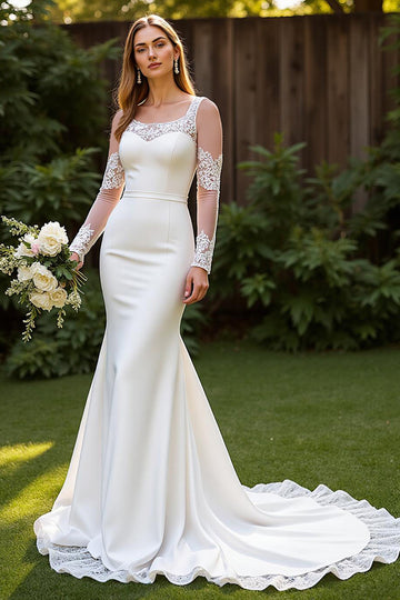 Ivory Simple Mermaid Square Neck Court Train Wedding Dress with Lace